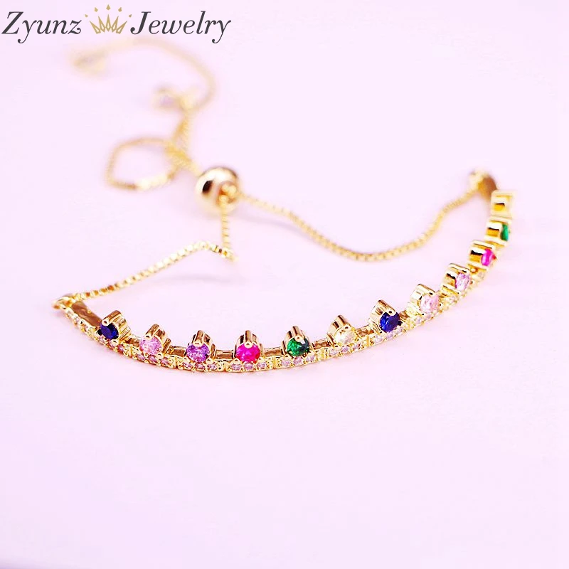 

5PCS, Rainbow cz Long bar bracelet for lady women fashion jewelry gold color multi color micro paved cz bracelets