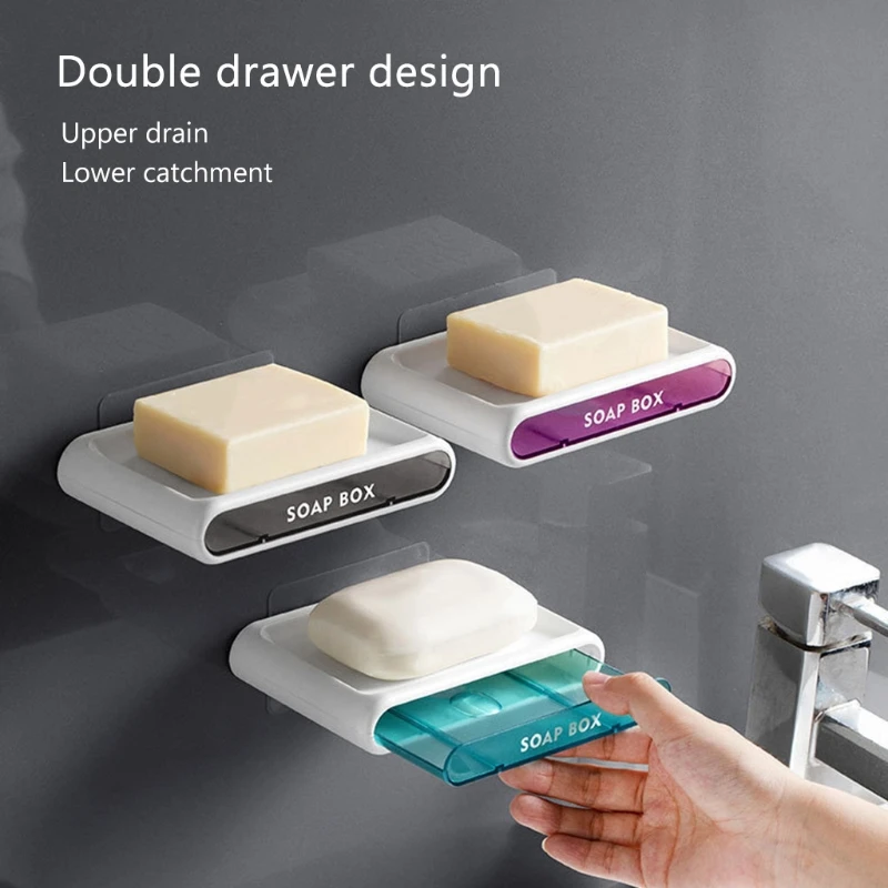 

7XEA Wall Mounted Drawer Soap Dishes Bathroom Soap Rack Sponge Holder No Drilling Soap Storage Tray for Bathroom&Kitchen Sink