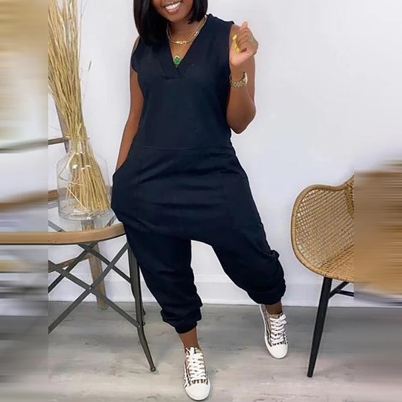 

Women Fashion Elegant Sleeveless Partywear Jumpsuits Overalls Casual V Neck Pocket Design Jumpsuit