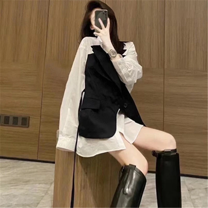 

2021 Spring Fashion New Personality Double-Layer Fake Two-Piece Splicing Casual Long-Sleeved Shirt Women's Top Trendy H478