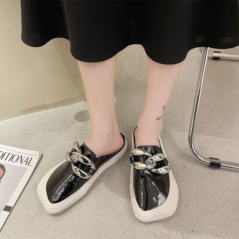 

Shoes Slippers Flat Slides Fashion Slipers Women Square Toe Luxury 2021 Cover Bonded Leather Buckle Strap PU Basic Microfiber