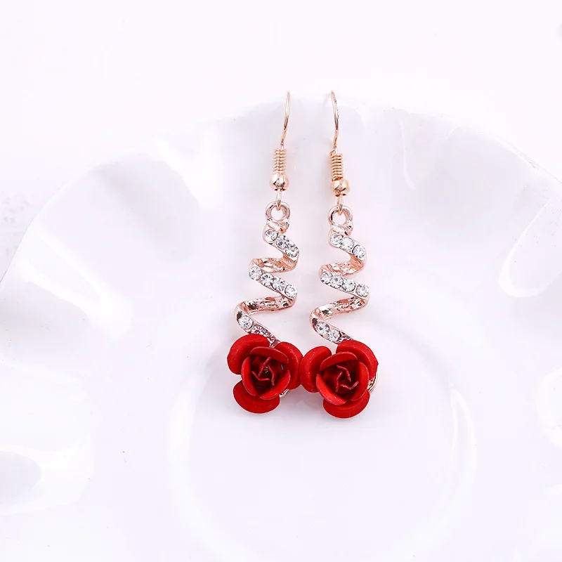 

France Fashion Women Red Rose Dangle Earring 2021 Luxury CZ Crystal Gold Plated Earring Charm Women Cocktail Party Jewelry