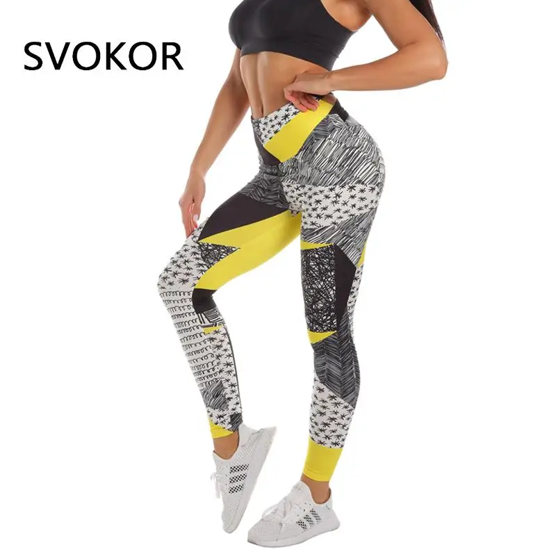 

SVOKOR Print Workout Women Leggings Push Up High Waist Contrast Stitching Fitness Leggins Gym Ladies Bandage Pants 10 Colors