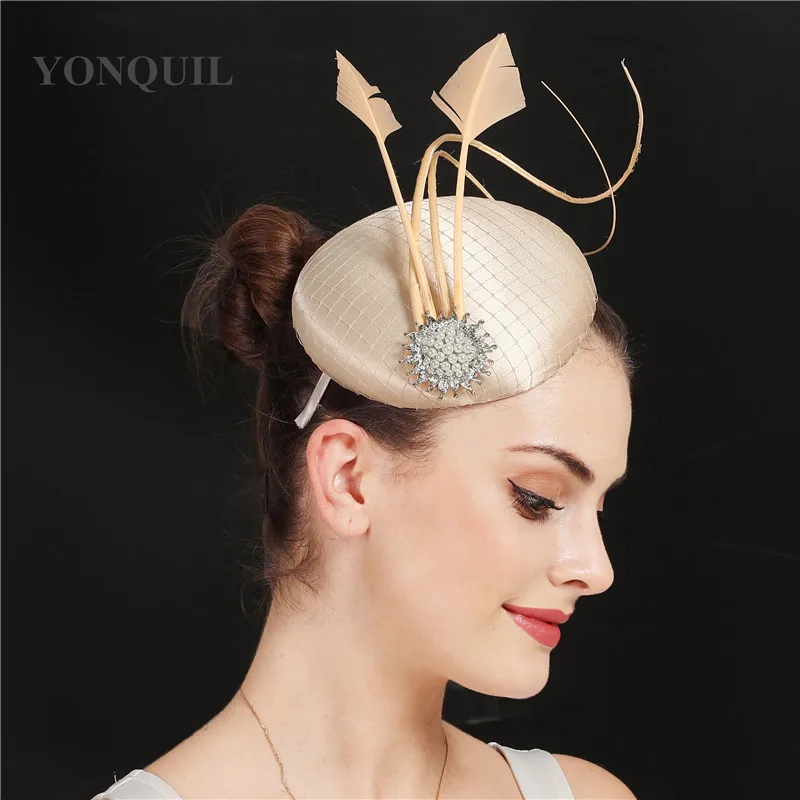 

Vintage Fascinator Occasion Hair Accessories Satin Millinery Hat Gorgeous Wedding Headwear Women Party Ladies Feather Headpiece