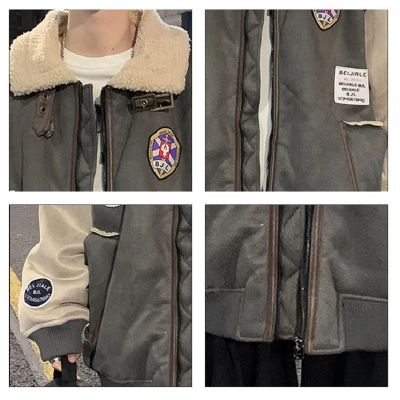 Men's Fashion Imitation Lamb Velvet Jacket Winter Plus Velvet Thickening Tooling Cotton Clothing Trendy Brand Loose Warm Jacket