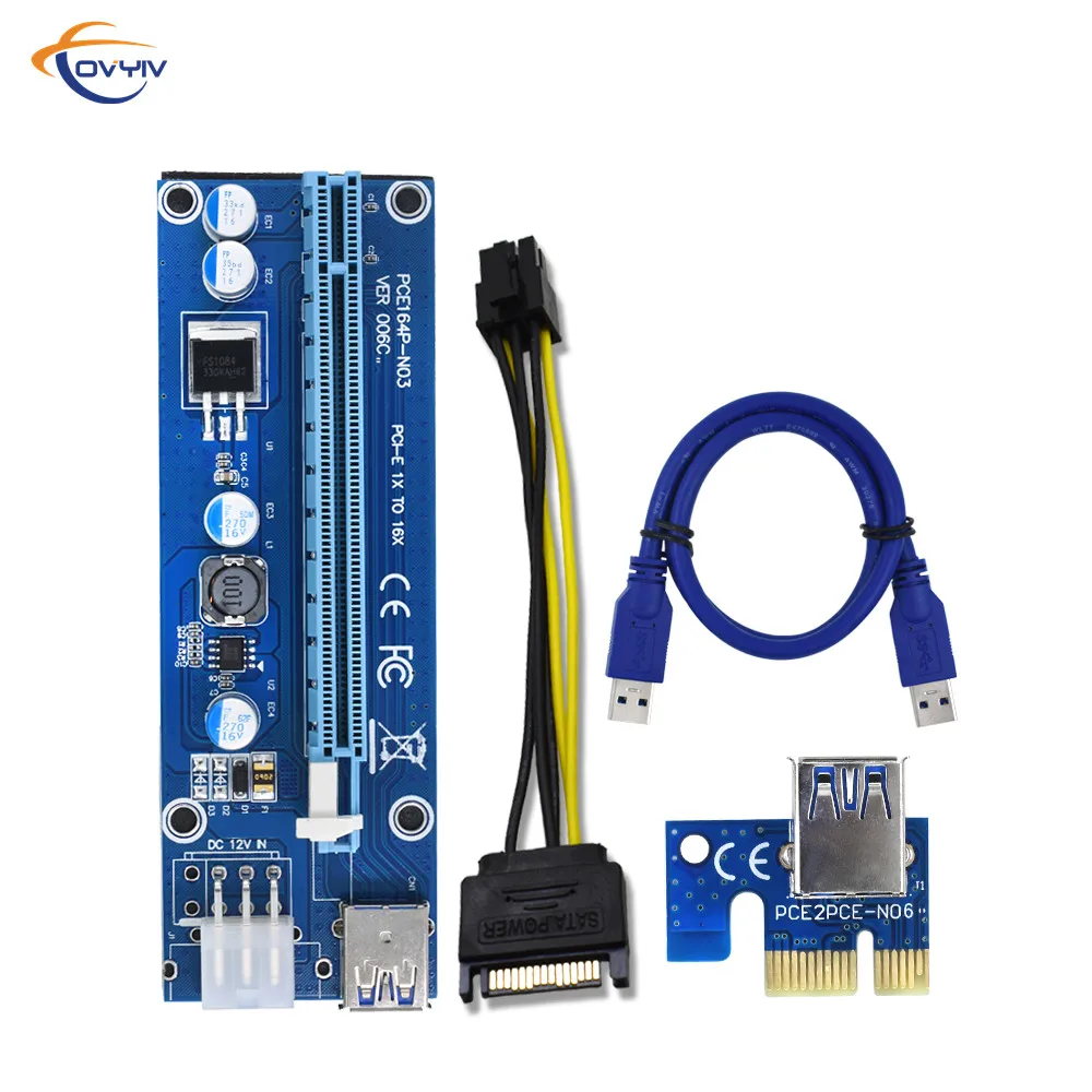 COVYIV новейшая PCIE PCI-E Райзер 006C карта PCI E X16 Express 6Pin к SATA 1X 16X USB3.0 удлинитель