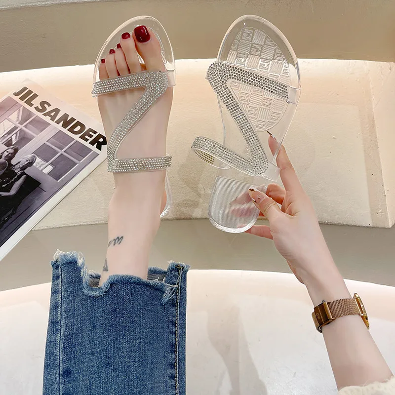 

2021ins Summer Sexy Slippers Women Flat Bling Flip Flops Rhinestone Beach Sandals Black Open-toed Non-slip Slipp