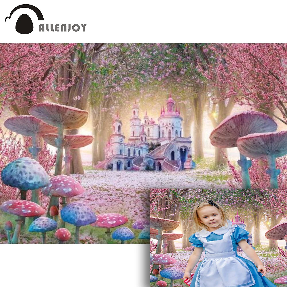 

Allenjoy Spring Pink Floral 1st Girl Birthday Decoration Party Background Baby Shower Castle Fairy Mushroom Forests Backdrop