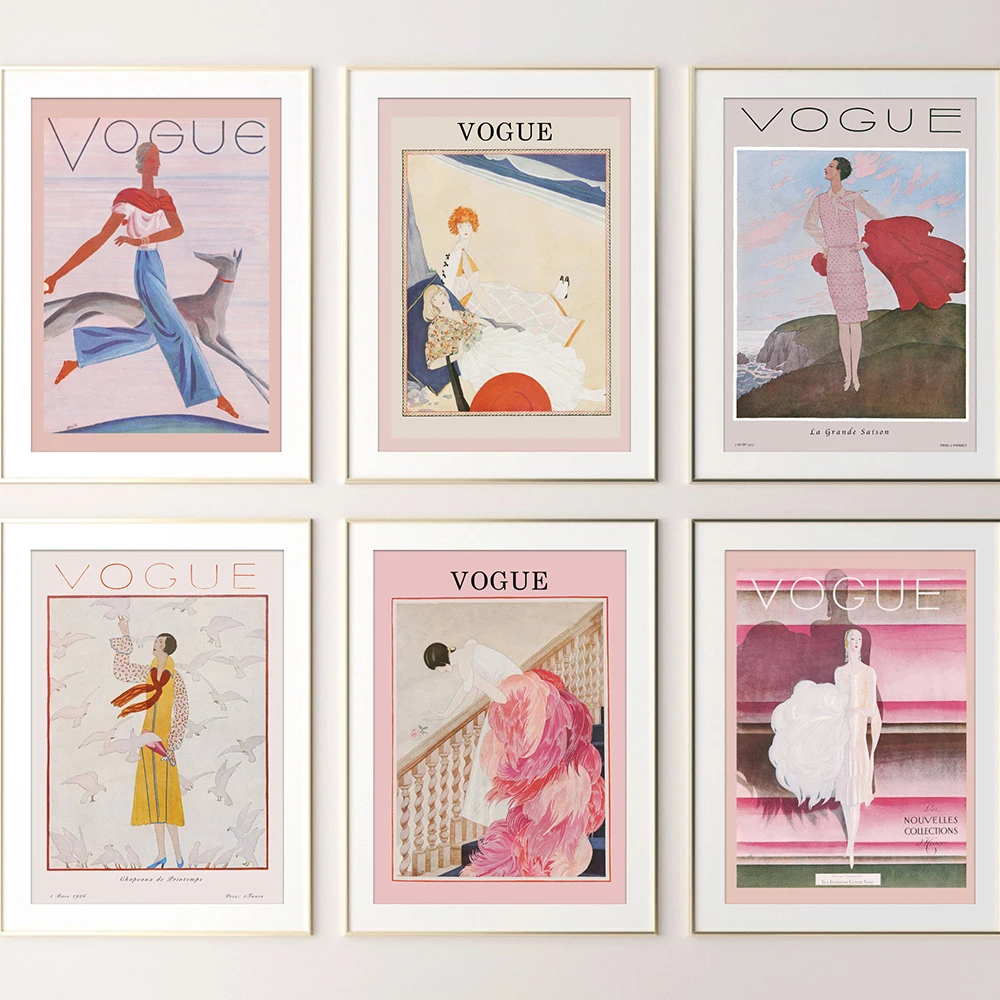 

Vintage Vogue Female Posters Retro Costume Animal Canvas Painting Fashion Wall Art Pink Prints Pictures for Living Room Decor