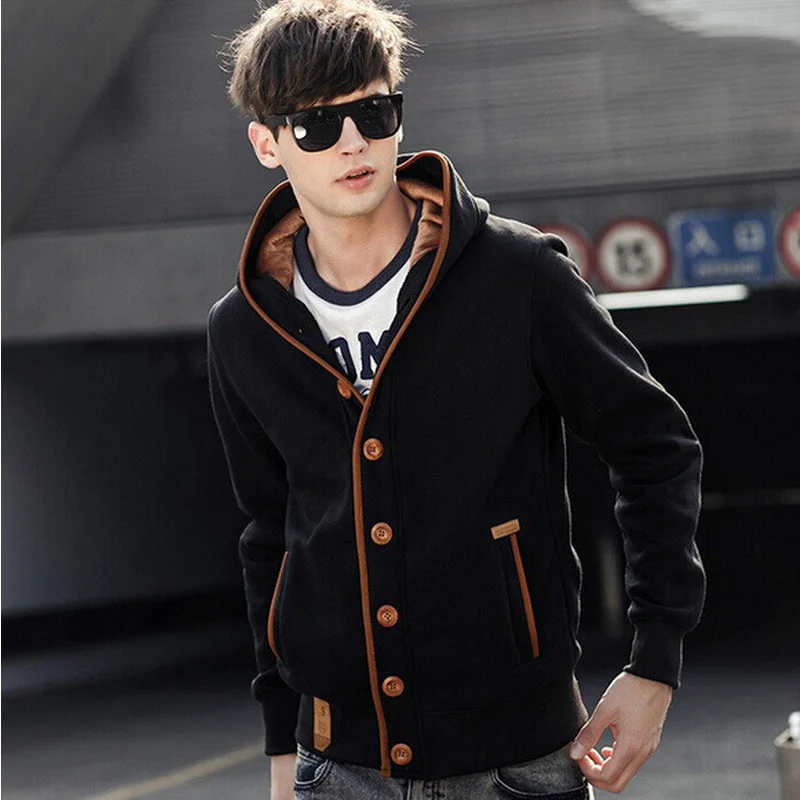 

Autumn Winter Fashion Sweatshirts Men Fleece Elbow Patch Hooded Single Breasted Hoodies Coat Male Casual Sweatshirt Jacket