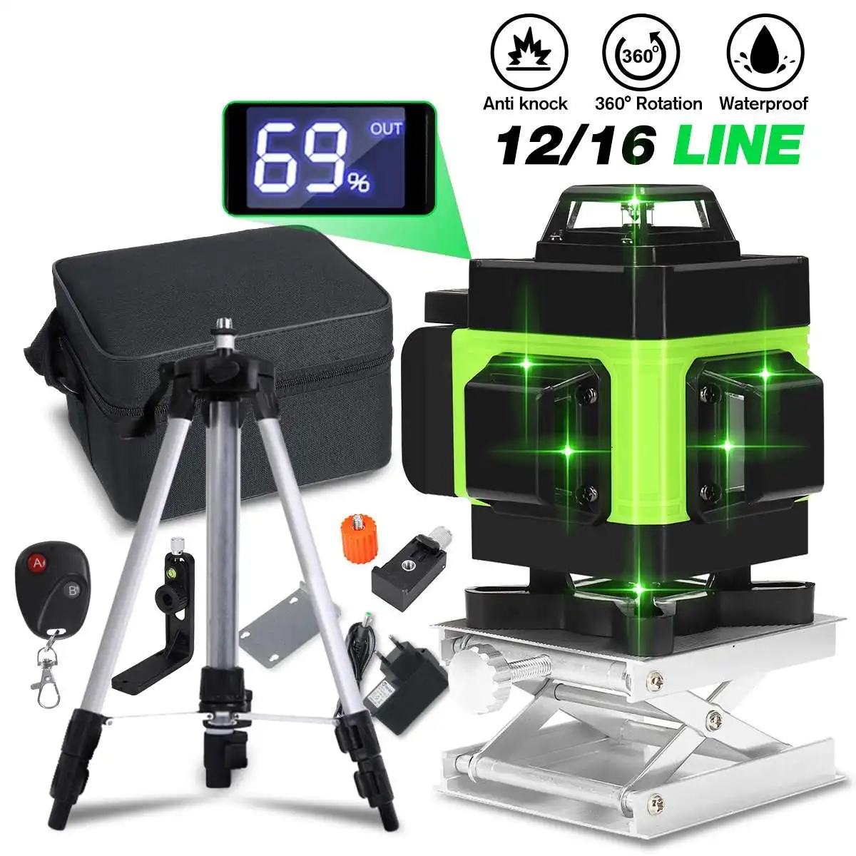 

Laser levels 16/12 Lines 4D/3D Green Light Horizontal&Vertical Cross 360 Auto Self-Leveling Laser Levels With Tripod&Remoter&LCD