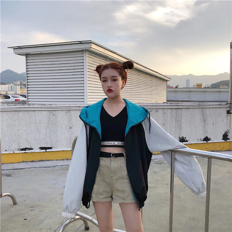 

Hooded Patchwork Jacket Women 2020 Harajuku Letter Printed Hip Hop Coat Zipped Loose Track Jacket Female Korean Sport Coats
