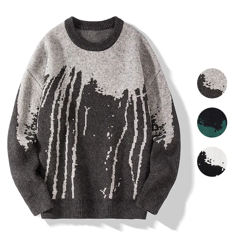 

2021 men's winter new round neck pullover print sweater