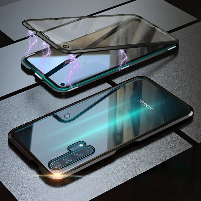 Black Double Glass Роскошный Магнитный поглощающий металлический флип-кейс для huawei Honor 20 20i 20Pro Lite, чехол для телефона, двустороннее стекло Honor20 Pro i - Цвет: Black Double Glass