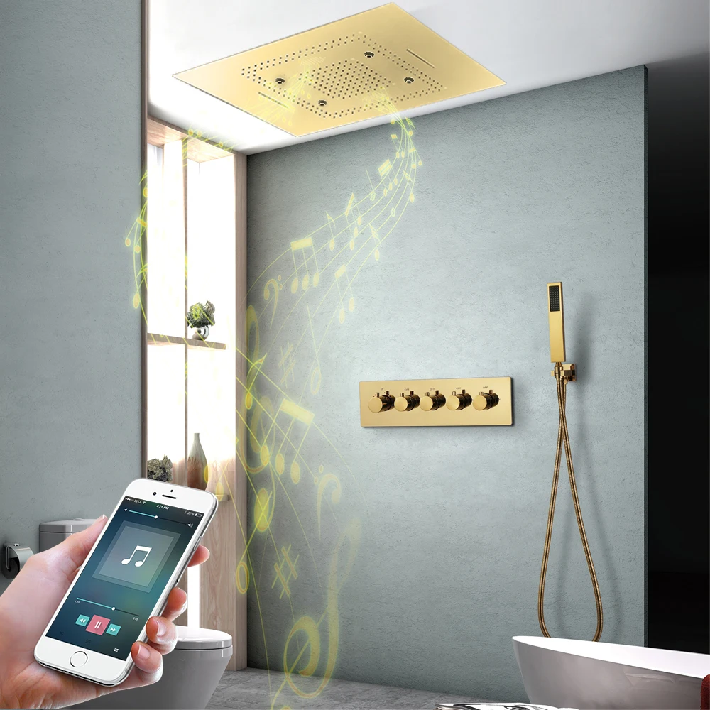 

Luxury Large Waterfall Gold Shower System Bathroom Faucets Ceiling 23"x31" Rain Shower Panel Thermostatic Brass Concealed Mixer