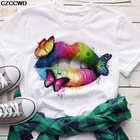 Женские летние футболки 2020, топы, цветная футболка с круглым вырезом и принтом губ, подходящая ко всему белая футболка в стиле Харадзюку, забавная футболка для девочек