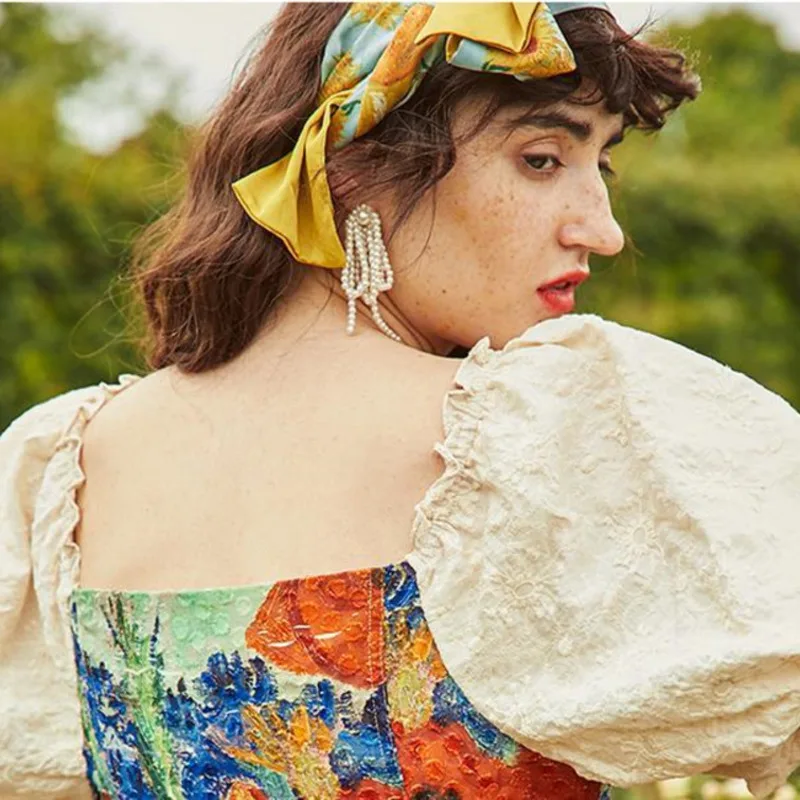 Женское винтажное платье с квадратным вырезом летнее дизайнерское миди принтом