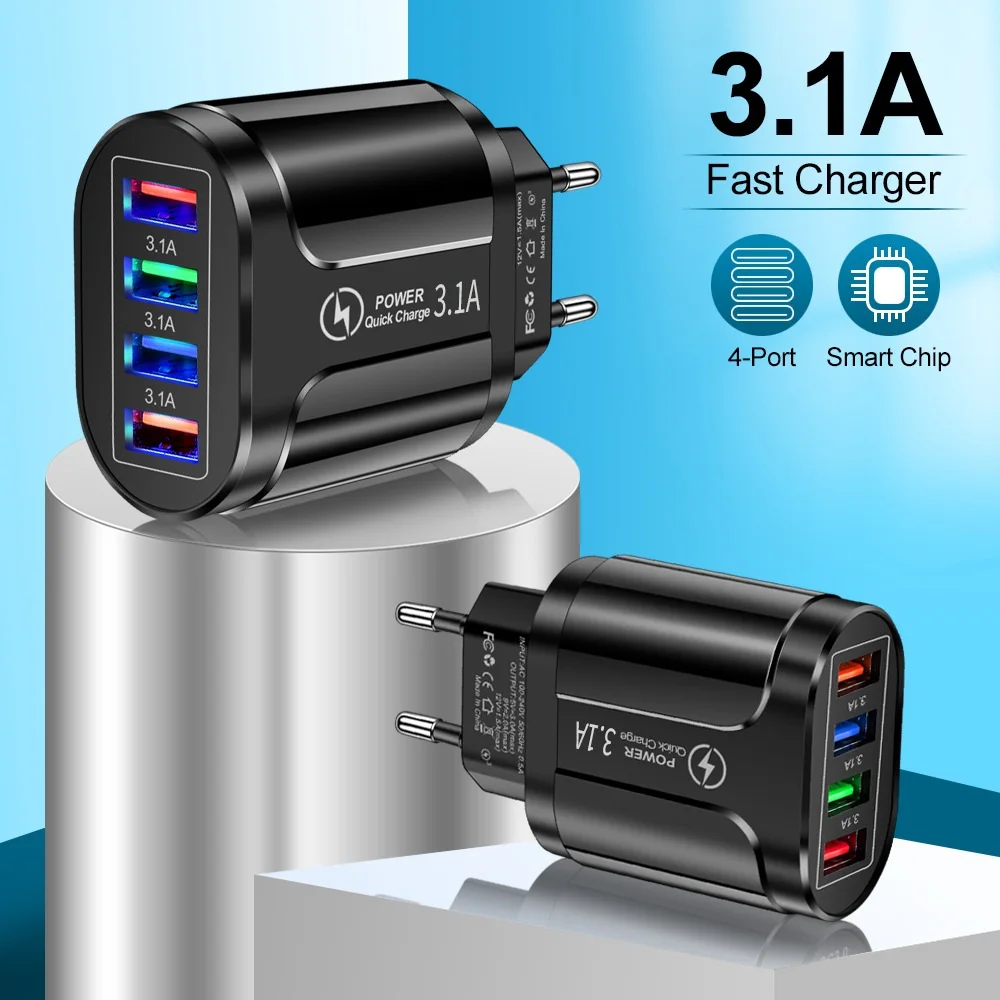

48W USB Charger Fast Charge QC 3.0 Wall Charging For iPhone 12 11 Samsung Xiaomi Mobile 4 Ports EU US Plug Adapter Travel