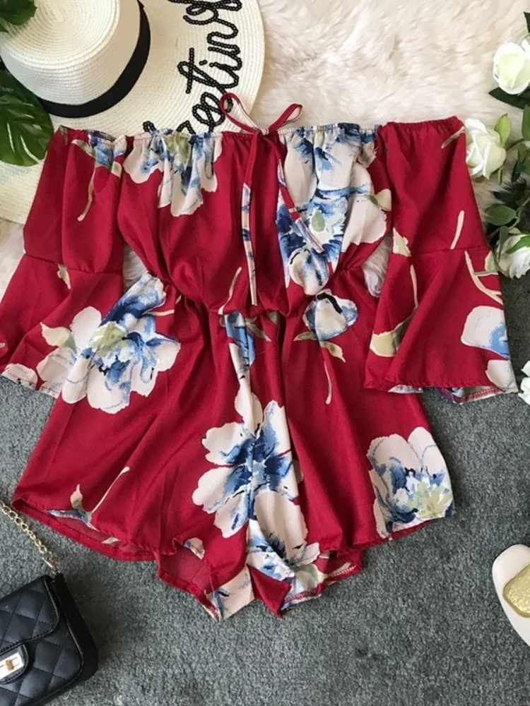 2021 Summer New Slash Neck Women Jumpsuits And Rompers Floral Printed Short Chiffon Ruffles Lady Playsuits Top Quality |