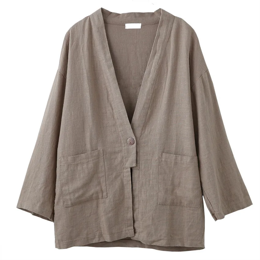 

Autumn Summer Women Blazer Long Sleeved Solid Color One Buckle Female Jacket Cotton Linen Wild Thin Women Suit Jacket