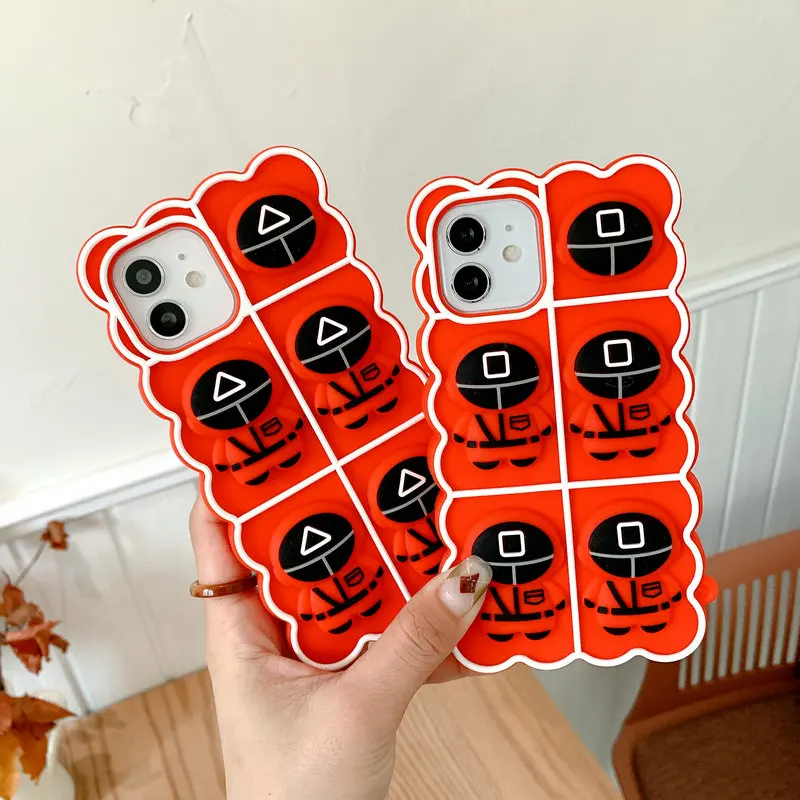 

Korea 3D Cartoon Cute Squid Game Stress Reliever Phone Case For iPhone 13 12 11 Pro XS Max XR X 6 7 8 Plus Silicone Back Cover