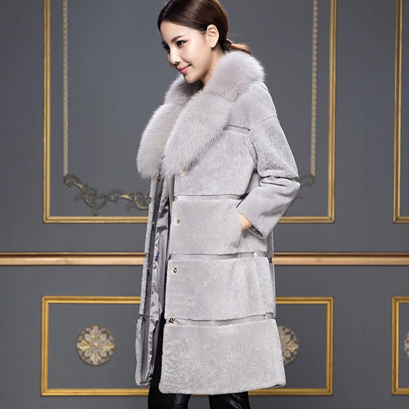 Модное тонкое пальто средней длины из искусственного лисьего меха с воротником