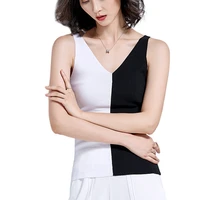new fashion womens tank tops female v neck slim knitted vest ladies stitching knitted top elegant camisole blackwhite crop top