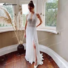 Шифоновое свадебное платье в стиле бохо, с лямкой на шее и открытой спиной, сексуальные пляжные свадебные платья с Боковым Разрезом, кружевные свадебные платья