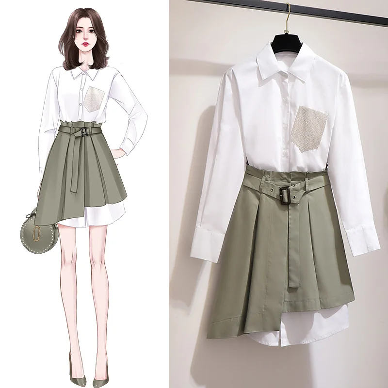 

2021 New Spring 2 Piece Sets Womens Outfits Long Sleeve White Blouse + Irregular Sashes Skirts Female 2 Pieces Shirt and Skirt