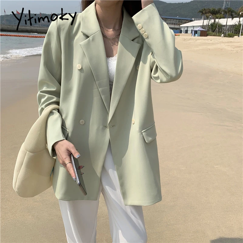 

Женский блейзер Yitimoky, черный/белый пиджак свободного покроя, двубортный, в офисном стиле, осень 2021