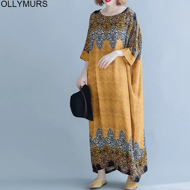 Женское платье с этническим принтом свободное Бохо рукавом летучая мышь большие