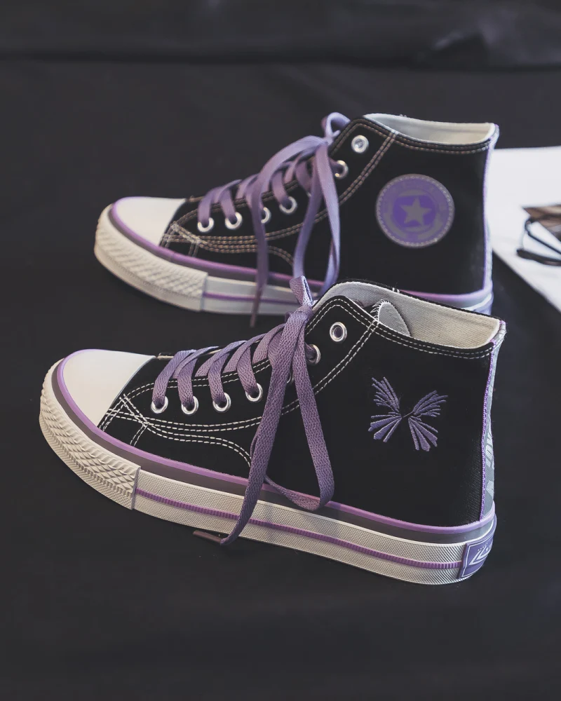 

High Top Canvas Shoes Women Patchwork Cute All-Match Lace-UpFlat Sneakers Girl Chic Reflective Embroidery Casual Shoes