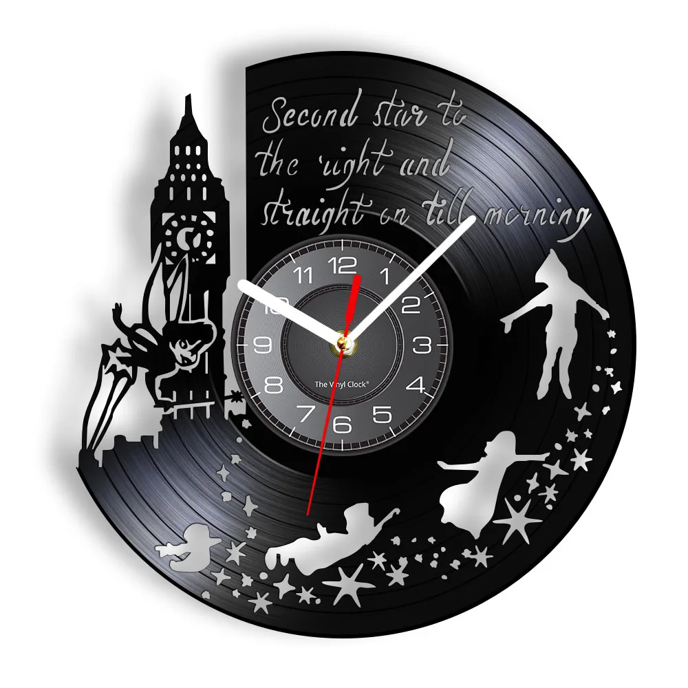 Second Star To The Right Quote Nursery Fairy Tale Til Silent Quartz Wall Clock Morning Tinkerbell Pixie Vinyl Record Wall Clock