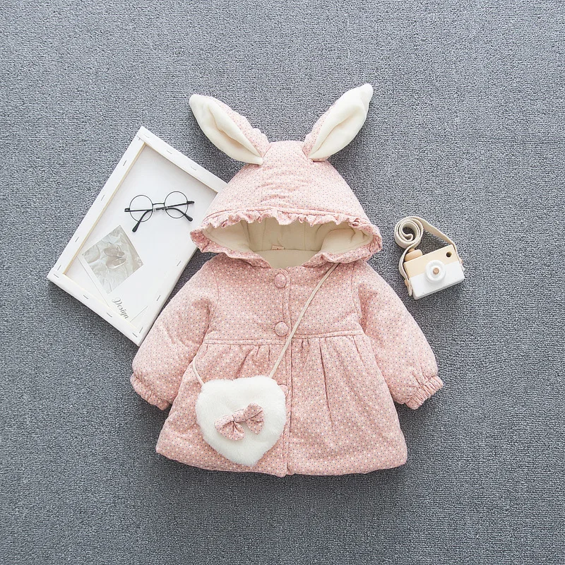 with Heart Bag Зимняя теплая куртка принцессы с капюшоном и милыми заячьими ушками для маленьких девочек; вечерние пальто; теплая верхняя одежда для детей; casaco roupas de bebe - Цвет: with Heart Bag