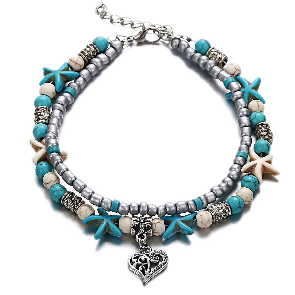 

Mode Strand Schmuck Doppel Schicht Liebe Herz Starfish Anhnger Perlen Fukettchen Knchel Armband Schmuck Frauen