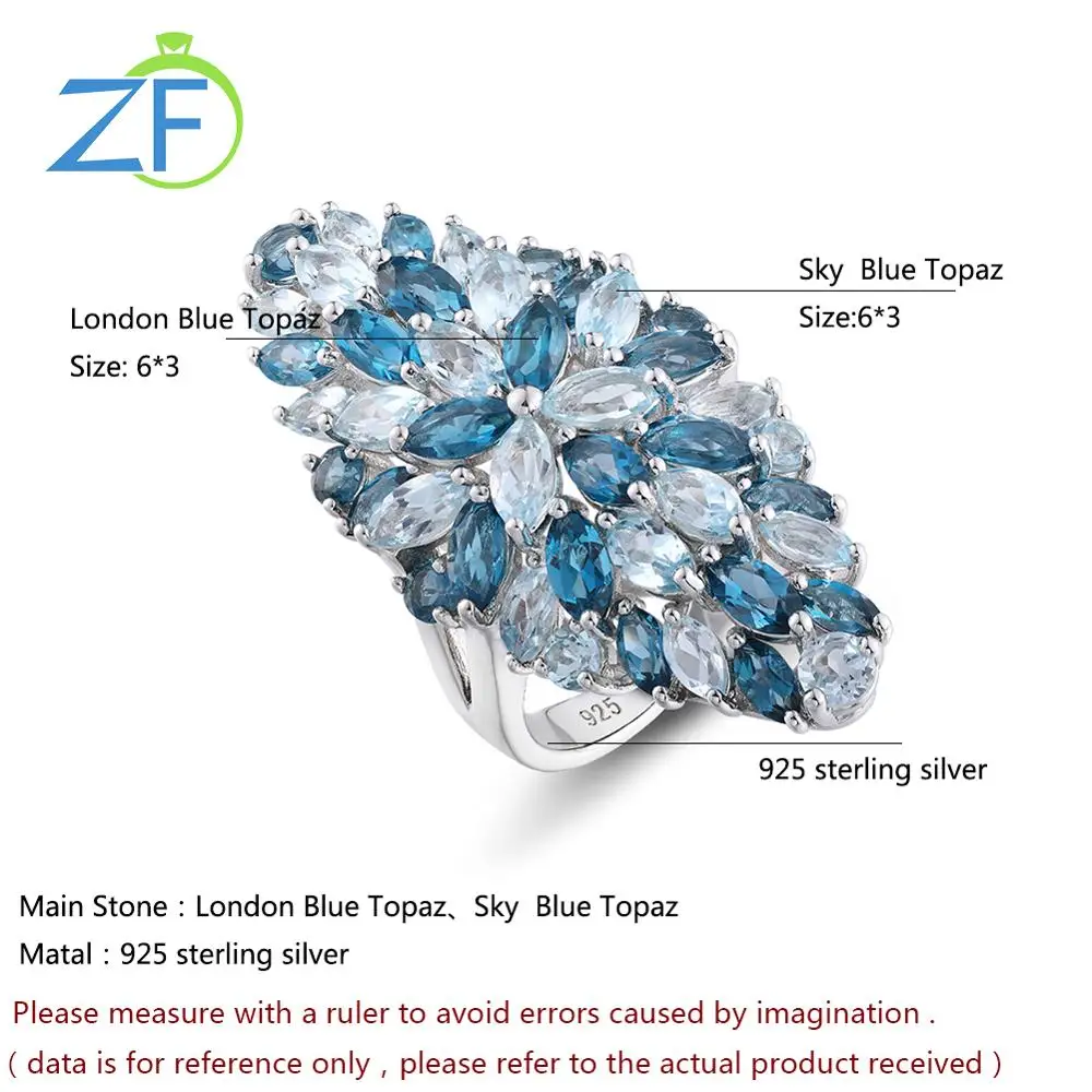 

GZ ZONGFA Fashion Charm Natural Blue Topaz Gemstone 925 Sterling Silver Rings Jewelry Women