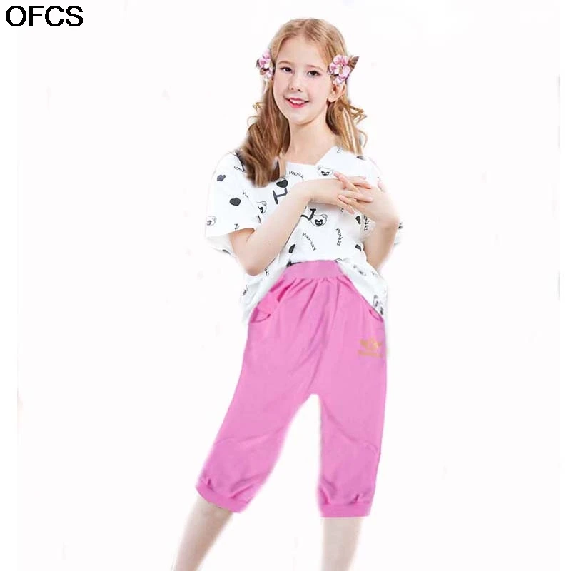 

Girls' Pants Children Cotton Casual Pants Elastic Waist Middle Pink Pants Kids Summer Sports Trousers Children Clothing3-10Y