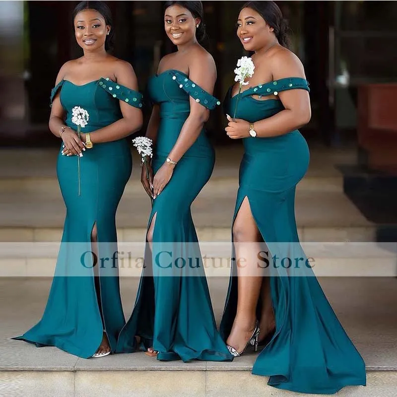 

Off Shoulder African Bridesmaid Dresses Mermaid Satin Beads Crystal Maid Of Honor Gowns Off Shoulder Wedding Guest Dress