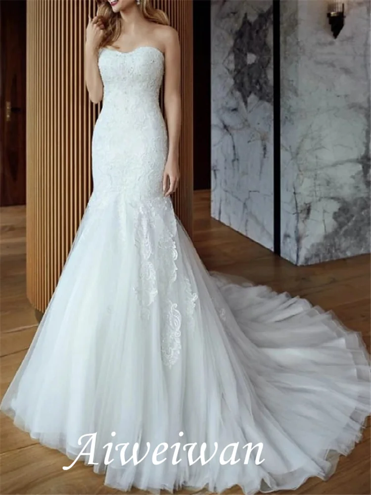 

Mermaid / Trumpet Wedding Dresses Strapless Sweep / Brush Train Lace Tulle Sleeveless Country Romantic with Appliques 2021