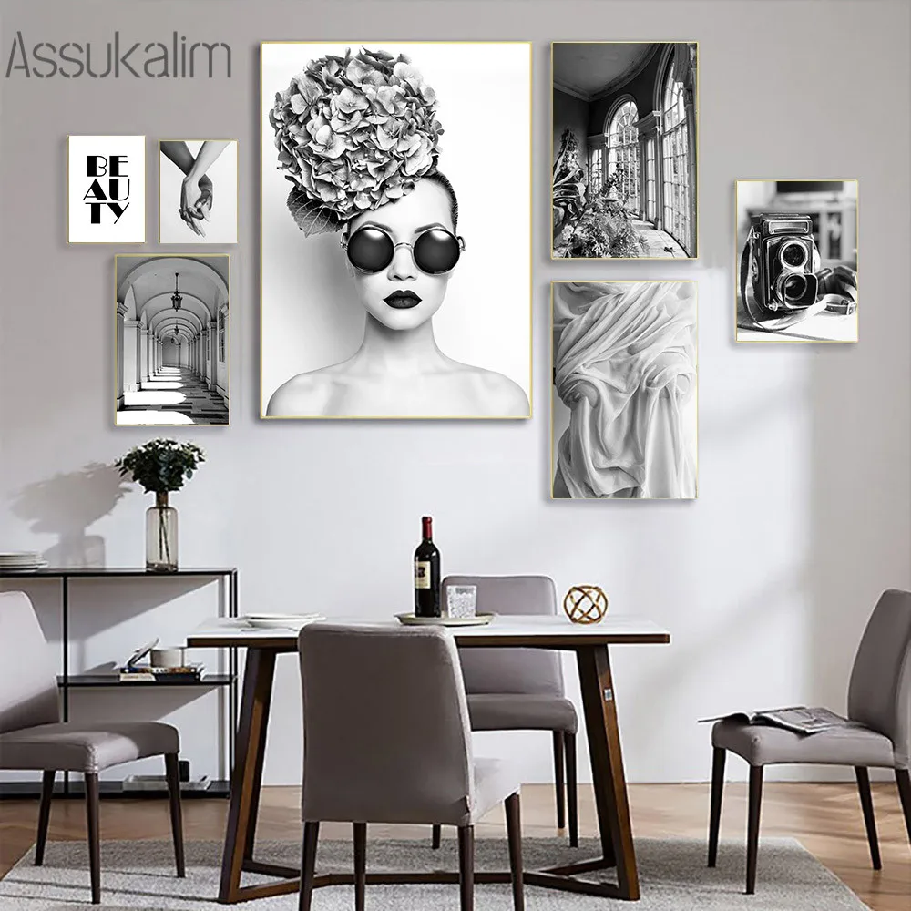 

Черно-белый плакат, модная сексуальная девушка, печать на холсте, Настенная картина с камерой, Скандинавская Настенная картина, современный...