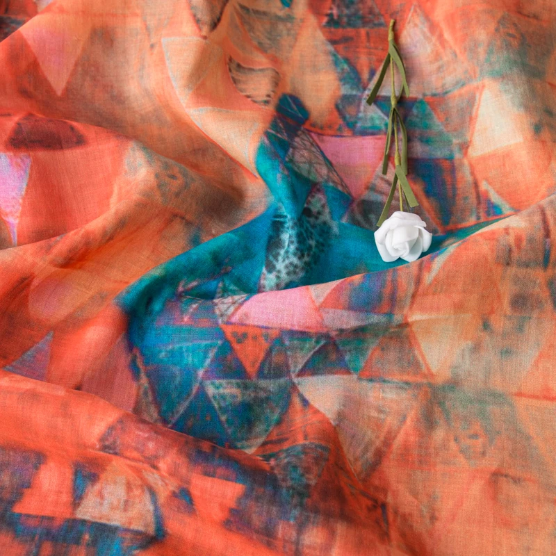 

High quality natural ramie patchwork Blue orange triangle print tissu Fashion Gown Dress Pants Shirt coat fabric