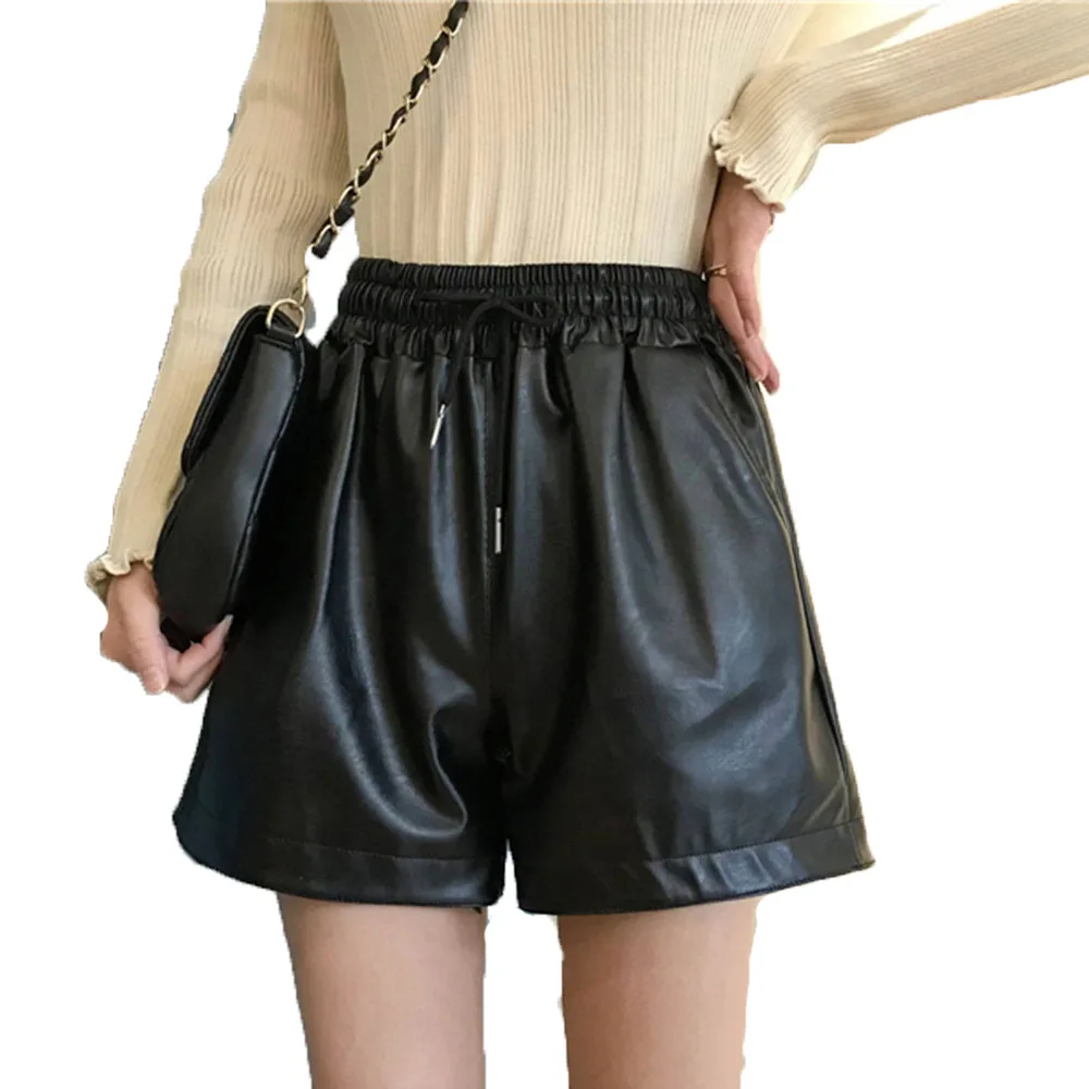 

Women Black Shorts Elastic Waist Casual Loose PU leather High Waist Warm Autumn Winter Harajuku Wide Legs Shorts Girls New Chic