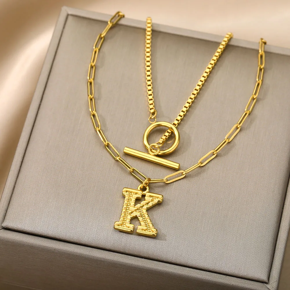 

Double Layer Chain Letter Necklace For Women A-Z Pendant Choker Aesthetic Necklaces OT Buckle Aesthetic Gothic Jewelry Gift