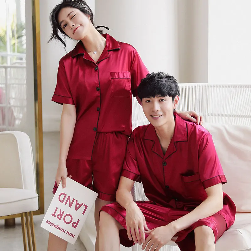 CAIYIER Summer Couples Pajamas Set Solid Short Sleeve Shorts Sleepwear Silk Lovers Nightwear Men & Women Casual Homewear M-3XL
