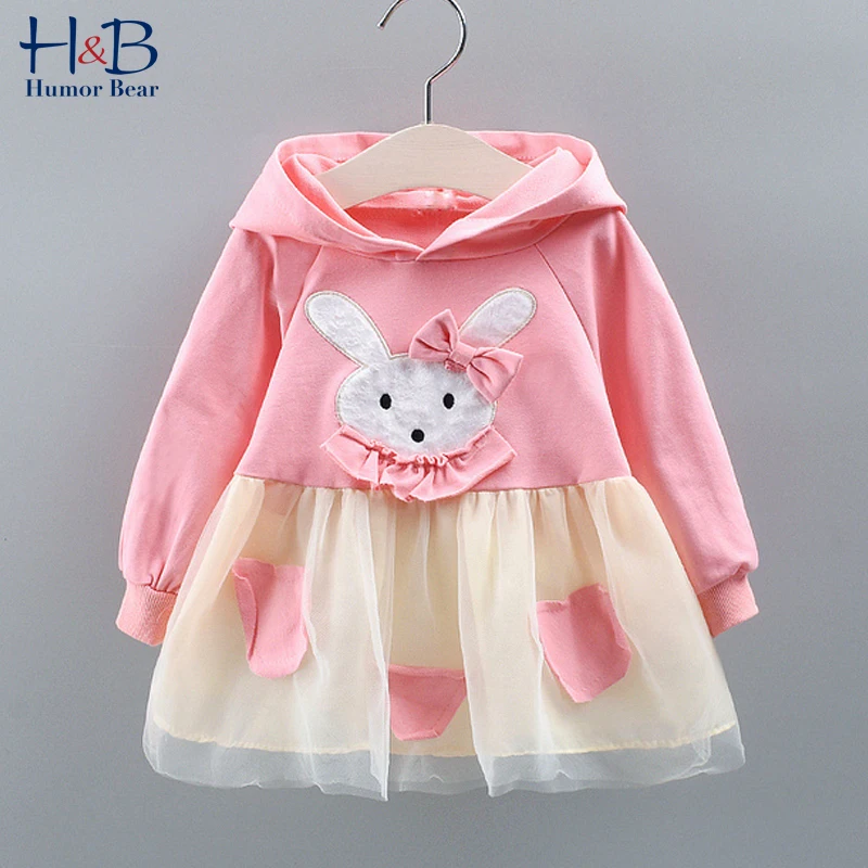 

Humor Bear Baby Hooded Dress New Spring AutumnLong Sleeve Cartoon Printed Mesh Yarn Patchwork Princess Party Dress