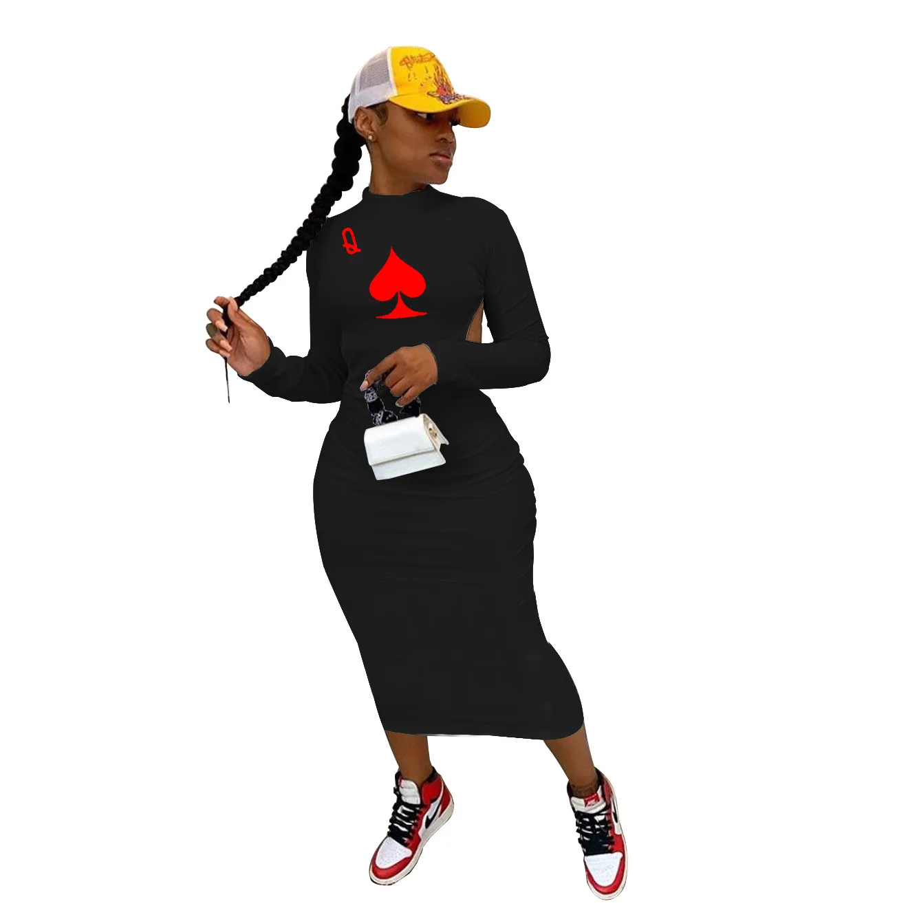 

2020 New Autumn Woman Dress Hot Style Model Solid-color Poker Spades Q Print Long Sleeves Stand Collar Backless Sexy Maxi Dress