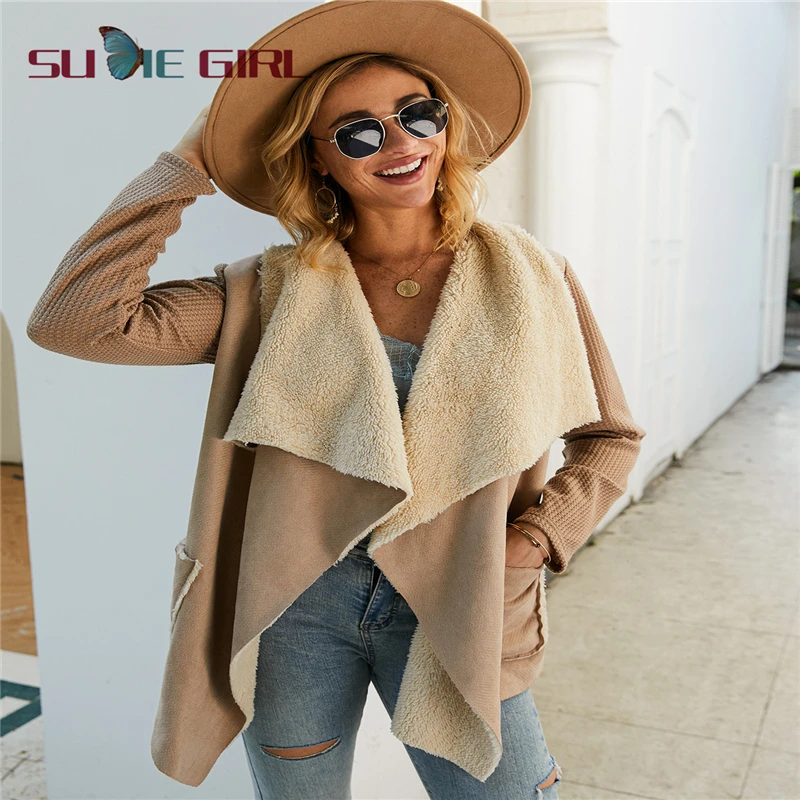 

SUDIE Girl New product irregular jacket thick clothes ladies long-sleeved lapel fashion graceful wind coat