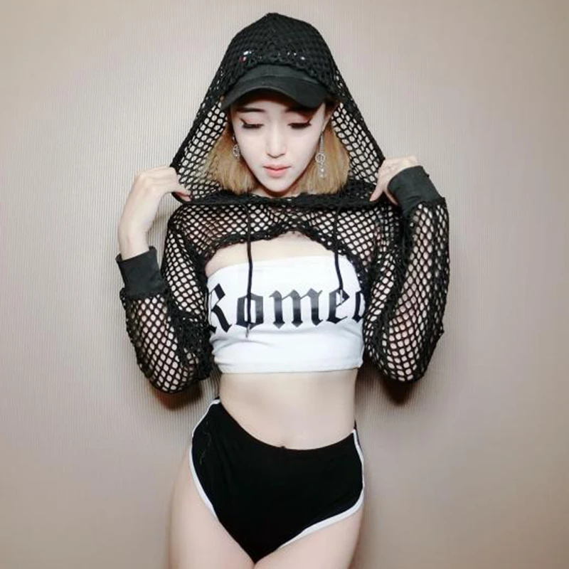 

Women Jazz Top Sexy Mesh Dj Costumes Black Pole Dance Rave Clothes Nightclub Dancer Performance Clothes Ds Gogo Ourfits