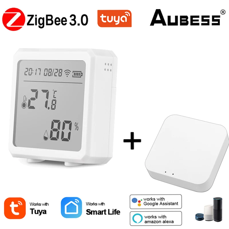 

Датчик температуры и влажности Aubess Tuya ZigBee, комнатный гигрометр, термометр, детектор с дистанционным управлением для Alexa Google Home