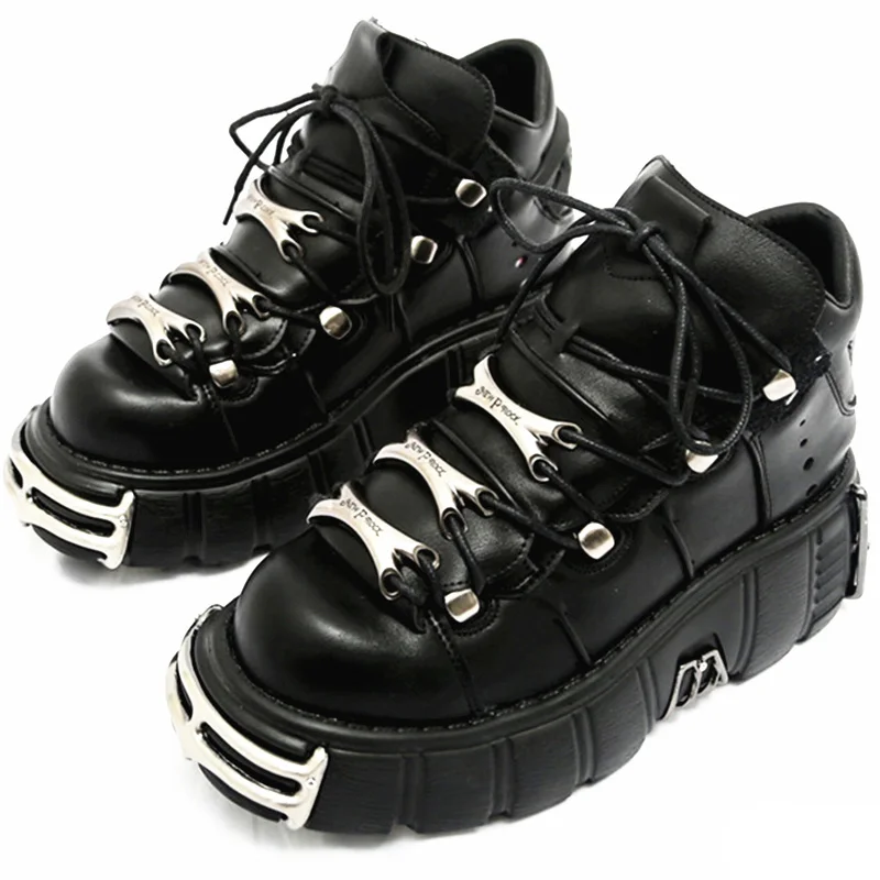 Punk Style Women Sneakers Lace-up 6CM Platform Shoes Woman Creepers Female Casual Flats Metal Decor Motorcycle Shoes Fashion